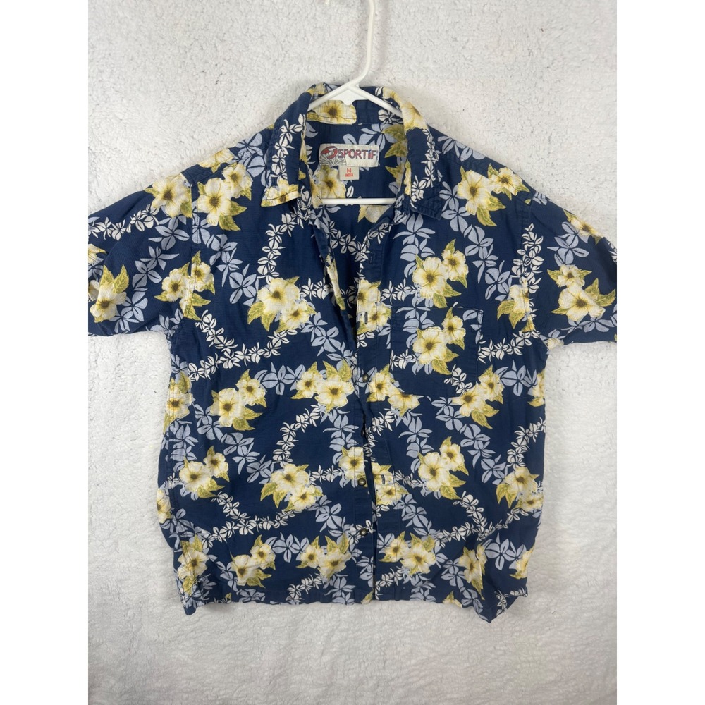 Sportif Floral Button Up Shirt Mens Medium Short‎ Sleeve Navy Yellow Flowers